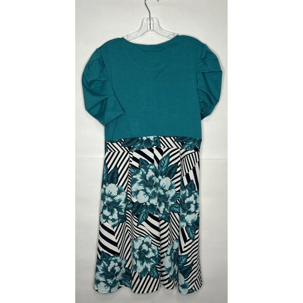 Chiccloth Women's Short Puff Sleeve Floral Fit & Flare Dress Teal/Floral Size XL
